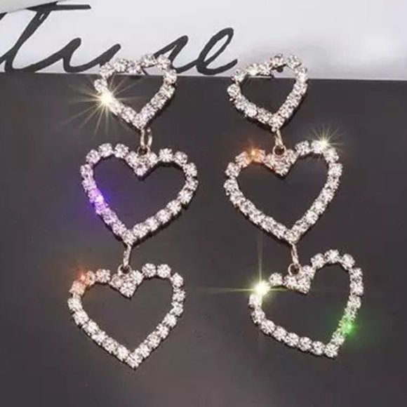 Heart earrings rhinestone diamond crystal drop dangly sparkly y2k luxury cute - Picture 3 of 5
